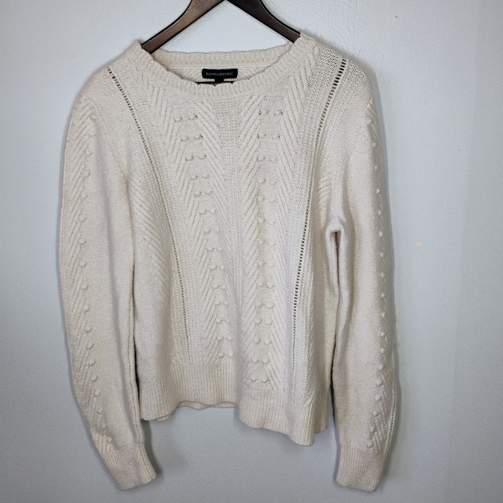 Banana Republic Merino Wool Alpaca Sweater Womens XL‎ Ivory Pom Poms Shabby Chic